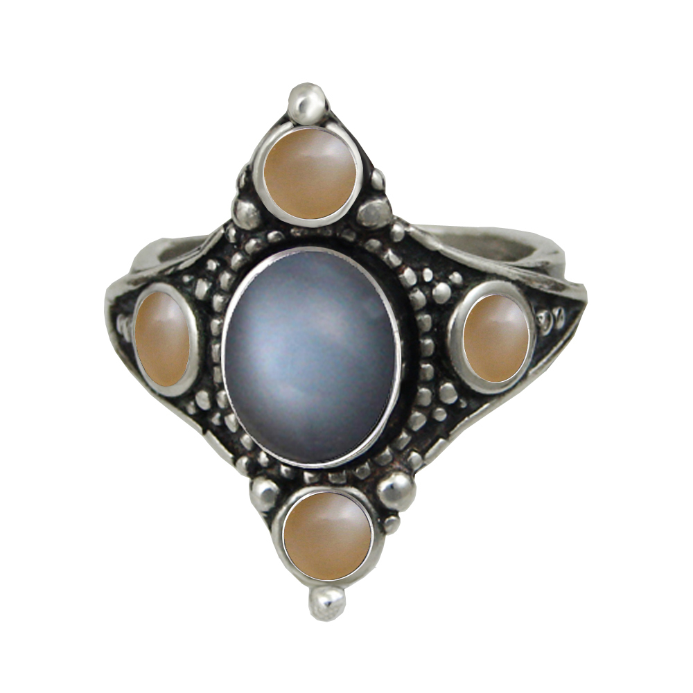 Sterling Silver Renaissance Queen's Ring With Grey Moonstone And Peach Moonstone Size 10